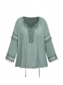 SHEIN LUNE Plus Size Women's Spring/Autumn Solid Color Contrast Lace Tie Neck Loose Blouse - Green - View 5