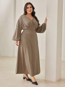 Modelyn Plus Size Casual Waisted Lantern Sleeve Dress For Autumn - Khaki - View 3