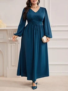 Modelyn Đầm dạ hội dài tay cổ chữ V tay đèn lồng buộc eo phong cách Ả Rập cỡ lớn - Màu xanh hải quân - Xem 4
