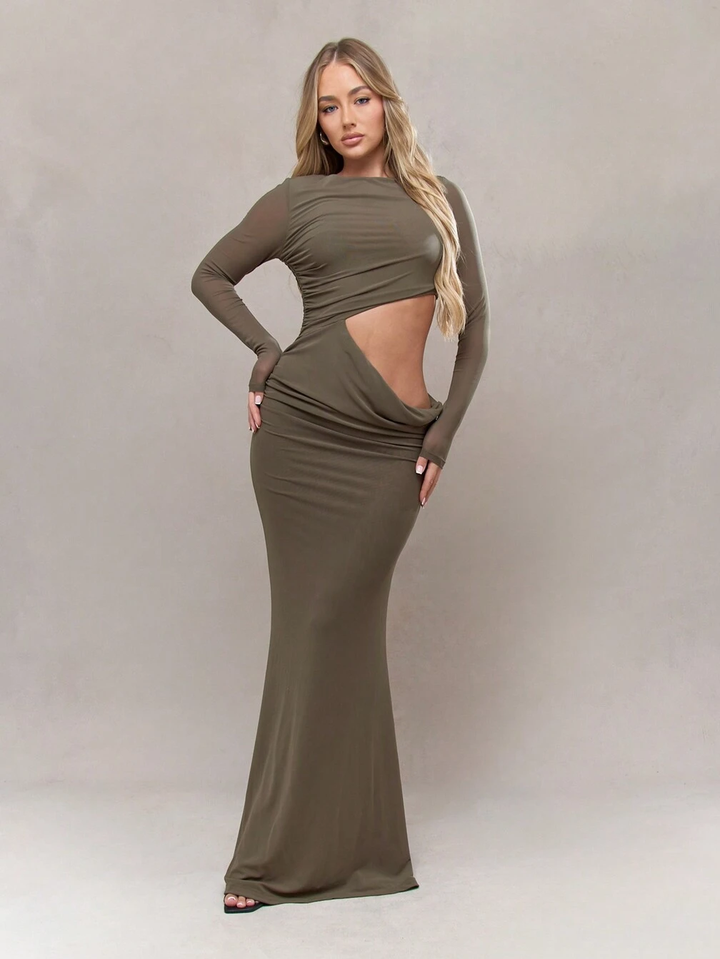 missguided cut out maxi dress MISSGUIDED Mesh Drape Side Cut-Out Long Sleeves Flare Hem Maxi Dress｜ MISSGUIDED