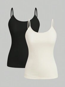 SHEIN EZwear 2 Stücke Damen Schwarzes und Weißes Elastisches Lässiges Fleece Cami-Top, Geeignet für Herbst und Winter - Verschiedenfarbig - Übersicht 3