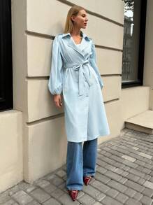 SHEIN Essnce Neue 2024 Herbstmode, Trenchcoat für Damen mit speziellen Stoff und Laternenärmeln - Babyblau - Übersicht 3