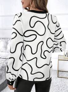 SHEIN Clasi 女士休闲缺口领随机印花衬衫，秋季 - 黑與白 - 查看 5