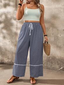 EMERY ROSE Plus Size Women's Vacation Waist-Tied Herringbone Print Pocket Wide Leg Loose Casual Pants Fall Cloth For Women - Blue - View 6