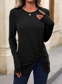 EMERY ROSE Áo thun nữ cổ tròn tay dài màu trơn đơn giản, mặc thường ngày - màu đen - Xem 3