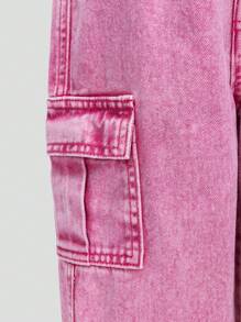 Girls' Loose Fit Washed Denim Palazzo Pants, Dusty Rose Color - Hot Pink - View 4