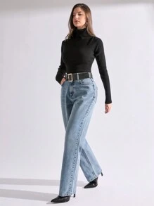 EURMUSE 女款寬鬆直筒休閒牛仔褲 淺藍色 夏季校園風 - 藍色 - 查看 5