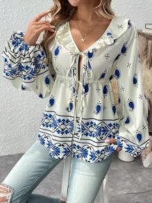SHEIN Clasi Blusa con manga larga, estampado floral, volantes y cordones delanteros, uso casual