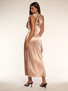 Glamine Satin One-Shoulder Bow Slit Ruched Dress,Women Elegant Formal Gown For Summer Dining Cocktail Party Homecoming Weddings,Dusty Rose Vestidos - Coffee Brown - View 2