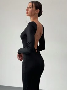 Aloruh Vestido negro elegante y romántico de manga larga con espalda descubierta y ajustado al Body para mujeres, para eventos como regreso a clases, cena o citas, en estilo sencillo y elegante para la temporada de otoño - Negro - Ver 6