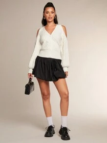 Glamine Women's Solid Color Front Button Open Shoulder Long Sleeve Minimalist Casual Blouse