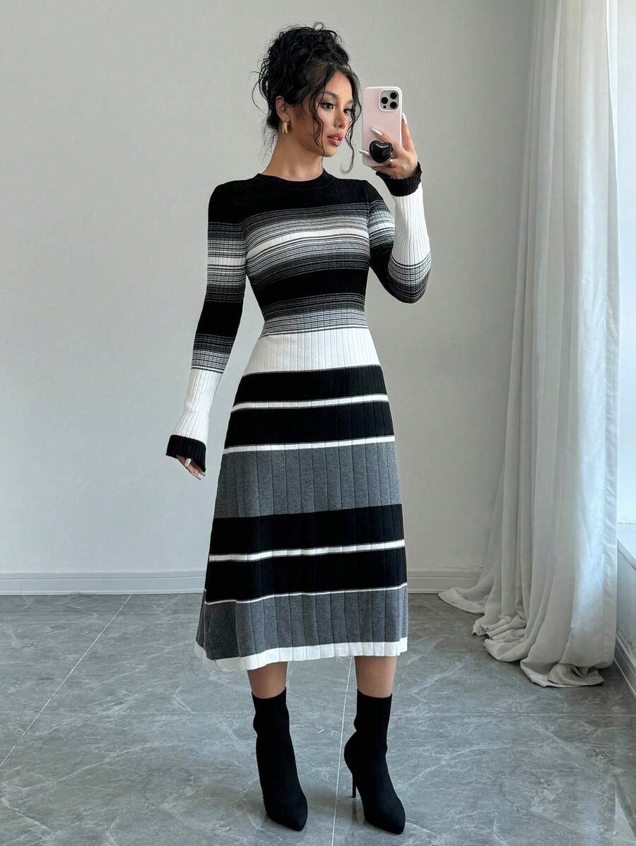 Selianne Women Crew Neck Striped Contrast Color Flared Sleeve Midi Dress Fall Winter Cloth For Women - Multicolor - View 1