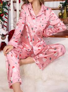 Bộ đồ ngủ satin họa tiết hoạt hình Giáng sinh dành cho nữ, quần áo thu đông - Hồng - Xem 6