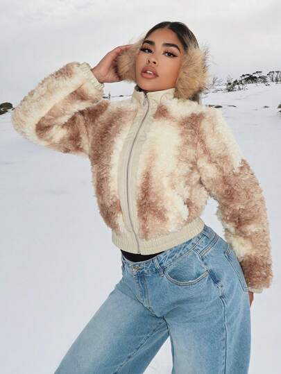 SHEIN SXY Snowy Cold Winter Warm Stand Collar Fluffy Patchwork Women's Jacket