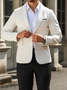 Manfinity Mode Men's Solid Color Lapel Neck Long Sleeve Button Front Casual Blazer