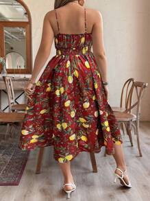 Breezaya 大码女式柠檬印花休闲吊带裙 - 酒紅色 - 查看 2