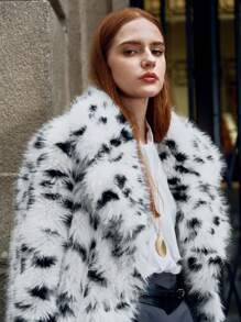 Anewsta Abrigo de mujer de piel de zorro esponjoso y con estilo, chaqueta de piel de leopardo de longitud media con cuello para mujer - Blanco - Ver 4
