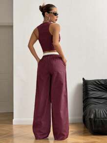 StreetHx 1 Set Women Striped Single Breasted Vest And Pocket Wide Leg Loose Casual Pants Suit