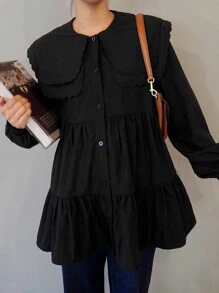 FRIFUL Women's Solid Color Large Lapel Casual Blouse, Spring & Autumn,Ruffle,Fall Women Clothes Long Sleeve Top