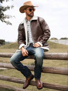 Manfinity Homme Men's Front Zipper Long Sleeve Pocket Casual Jacket, Everyday Wear - Coffee Brown - View 3