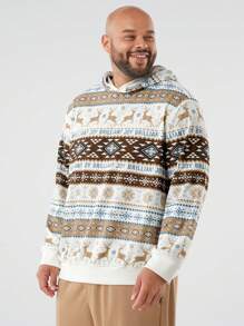 Manfinity VCAY بلوزة رجالية كبيرة الحجم فضفاضة محبوكة بطبعات الغزلان والثلج الهندسية مع كابوشون، للخريف والشتاء