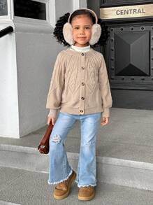 SHEIN 少女圆领泡泡袖修身休闲开衫秋冬 - 杏色 - 查看 6