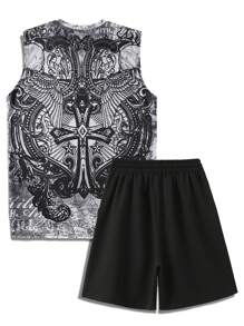 Manfinity Dauomo 男士休闲十字翅膀印花上衣和短裤两件套，夏季 - 黑色 - 查看 2