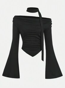 SHEIN Girlism Áo thun dài tay trễ vai cho bé gái tuổi teen có tay áo loe nhún, phong cách cổ điển, bao gồm bộ cà vạt, cho mùa thu/đông - màu đen - Xem 1