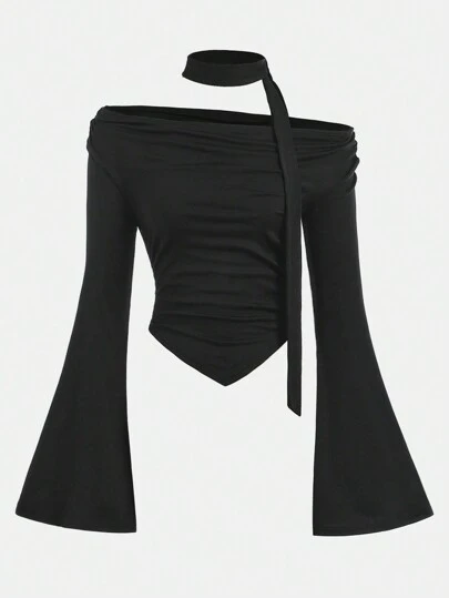 SHEIN Girlism 少女露肩长袖 T 恤上衣，褶皱喇叭袖，复古风格，包括领带套装，适合秋冬季