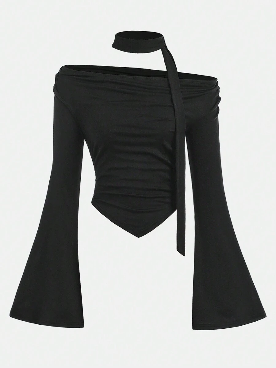 SHEIN Girlism Áo thun dài tay trễ vai cho bé gái tuổi teen có tay áo loe nhún, phong cách cổ điển, bao gồm bộ cà vạt, cho mùa thu/đông - màu đen - Xem 1