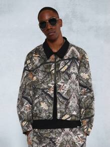 SUMWON Crop All Over Printed Zip Through Denim Jacket And Straight Fit Pant 2 Piece Set - Multicolor - View 3