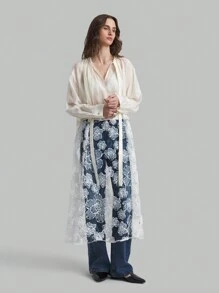Ontre Blusa de manga larga con diseño minimalista de unicolor y estampado floral para mujer - Albaricoque - Ver 5