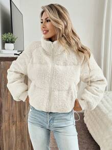 SHEIN LUNE Women's Solid Color Raglan Sleeve Long Sleeve Pocket Zip Front Short Casual Down& Feathers Jacket, Winter