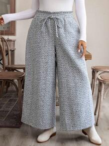 SHEIN LUNE Plus Size Casual Herringbone Wide Leg Pants, Autumn Winter Holiday - Multicolor - View 5