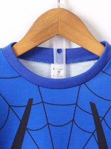 SHEIN Young Boys Stand Collar Spider Web Graphic Print Long Sleeve Sweatshirt, Suitable For Autumn, Halloween Party, Performance Clothes Boysspider Man Clothesspider Man Clothes Kidsspiderman Clothesspiderman Outfitgetaway,Holiday,Travel,Relax,Sunbathing,Summer - Blue - View 6