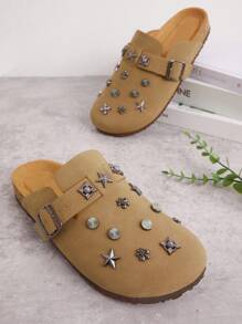 SHUZIA 女式铆钉装饰扣带圆头经典软鞋床粒状灰褐色木屐 - 舒适、百搭、时尚