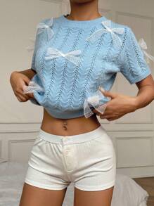 SHEIN Unity Women's Crew Neck Bowknot Decoration Solid Color Short Sleeve Knit Top - Blue - View 1