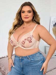 1pc Plus Size Embroidered Net Underwire Bra, Lingerie - Multicolor - View 1