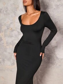 Glamine Vestido con decoración de cadena de perlas, sin espalda y con mangas largas y cola de pez - Negro - Ver 4