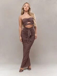 MISSGUIDED 波西米亚风平纹针织荷叶边细节镂空抹胸褶饰紧身长裙 - 棕色 - 查看 1