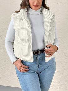 SHEIN Privé Plus Size Women's Casual Comfortable Zipper Contrast Color Sleeveless High Neck Winter Padded Coat - Apricot - View 3