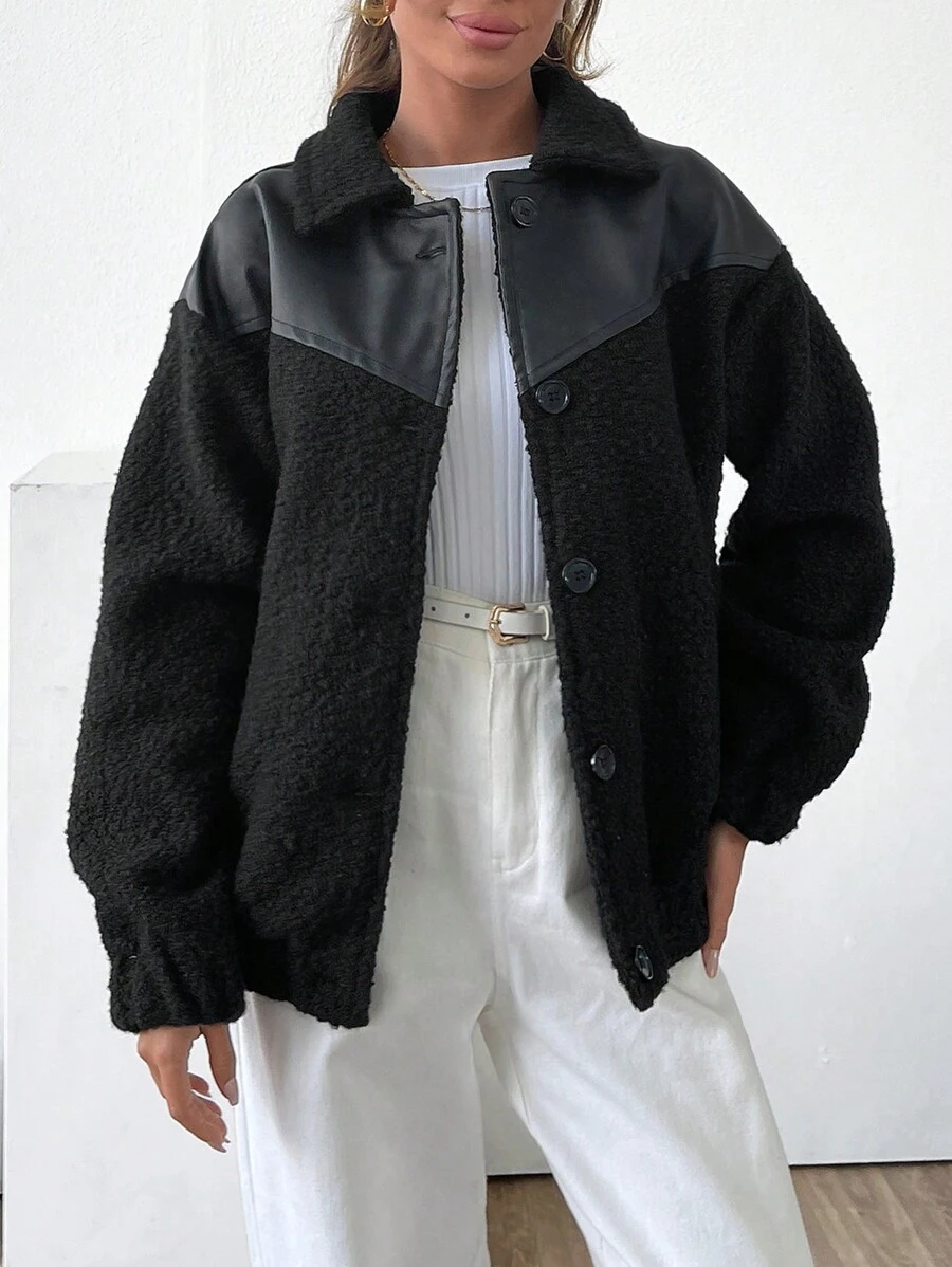 EURMUSE Buckle Quality, Faux Leather Trim Detailed Zip Through Coat - Black - View 1