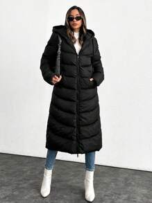 SHEIN Tall Women's Long Hoodie Puffer Padded Coat Double-Sided Zipper With Different Quilting Patterns - Black - View 6