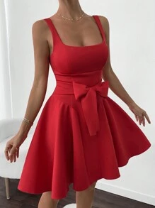 SHEIN Inside Breast Padded, V-Shape Skirt, Belted Stylish Sexy Part Dress