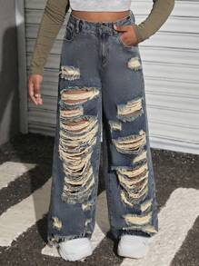 SHEIN Celana Jeans Longgar Model Lebar Berwarna Biru Vintage dengan Efek Sobek untuk Remaja Perempuan - Medium Wash - View 1