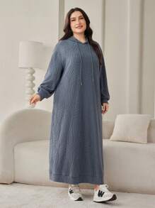 Mulvari Đầm chui đầu có mũ trùm đầu thường ngày cỡ lớn dành cho nữ có túi, tay dài, mùa thu đông - Màu xanh bụi bặm - Xem 6