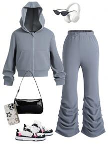 SHEIN Girls Casual Zip Up Hooded Sweater Jacket With Elastic Waist Pleated Pants 2pcs Outfit, Spring/Fall - Grey - View 1