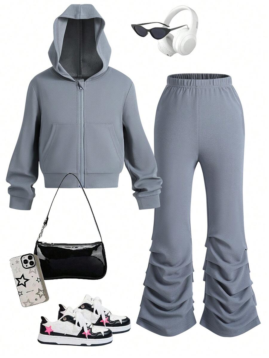 SHEIN Girls Casual Zip Up Hooded Sweater Jacket With Elastic Waist Pleated Pants 2pcs Outfit, Spring/Fall - Grey - View 1