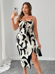 Elenzga Plus Size Women Geometric Print Front Tie Side Slit Hem Cami Dress, Summer - Apricot - View 1