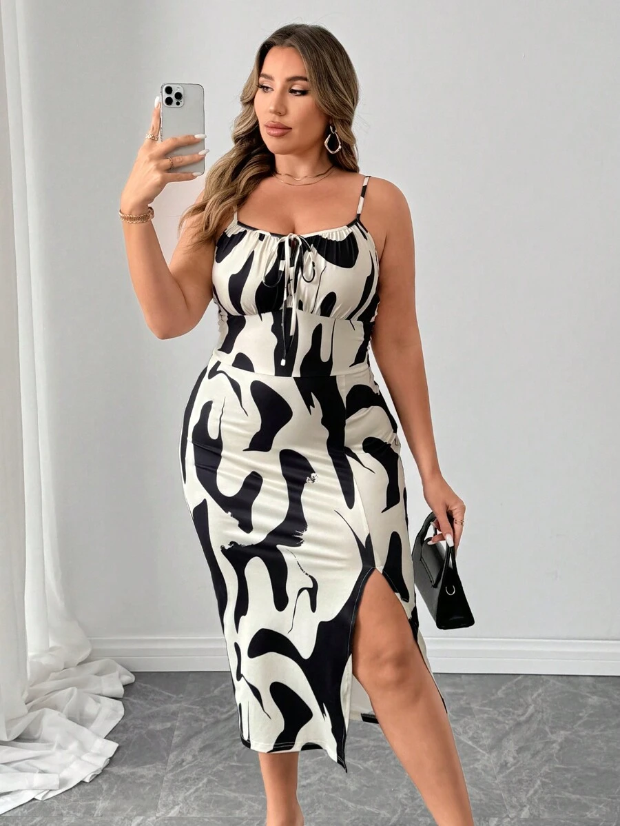 Elenzga Plus Size Women Geometric Print Front Tie Side Slit Hem Cami Dress, Summer - Apricot - View 1